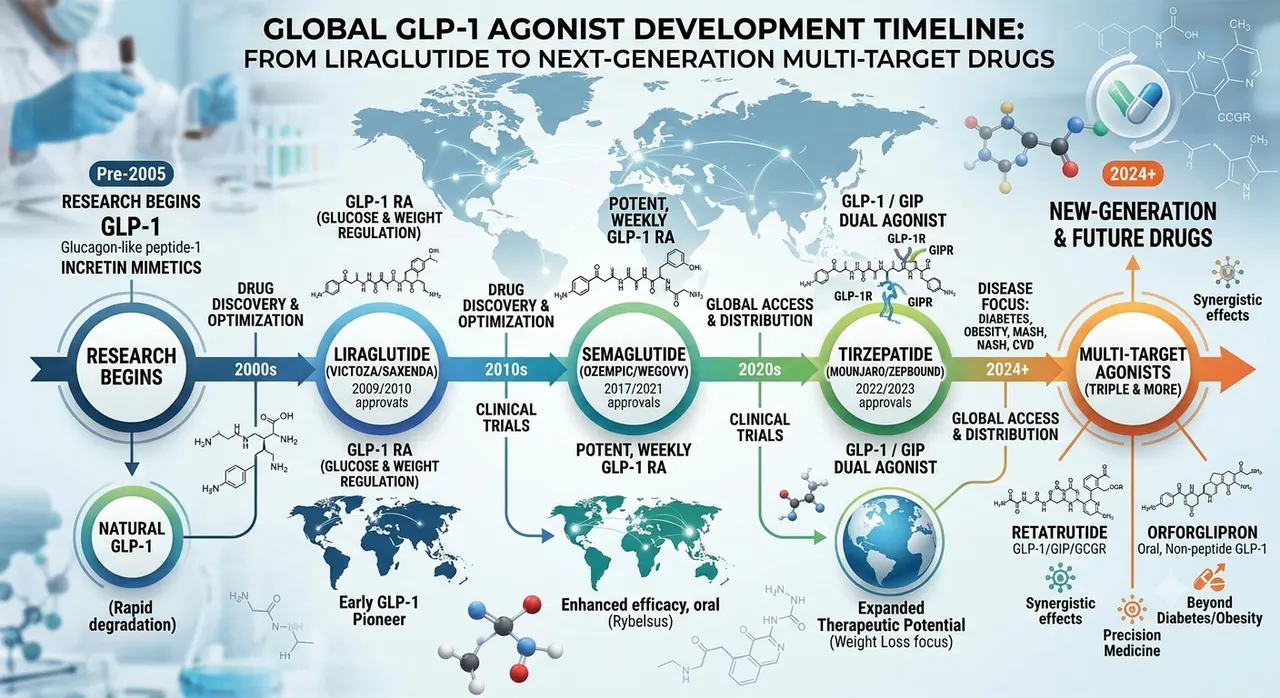 全球 GLP-1 受体激动剂研发时间线
