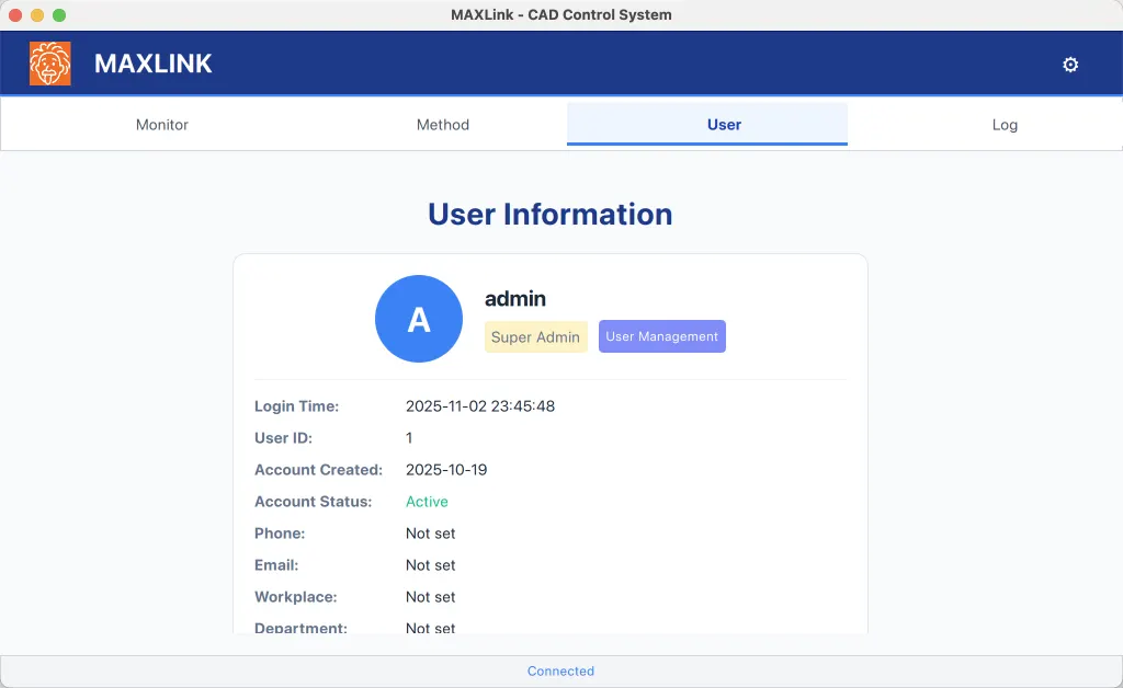 MAXLink 用户信息界面，显示账号资料和权限操作